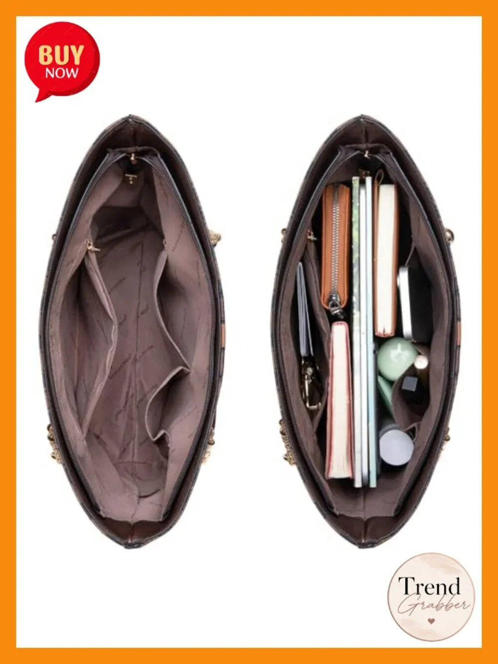 Faux Leather Chain Handle Satchel Tote Bag with Pockets